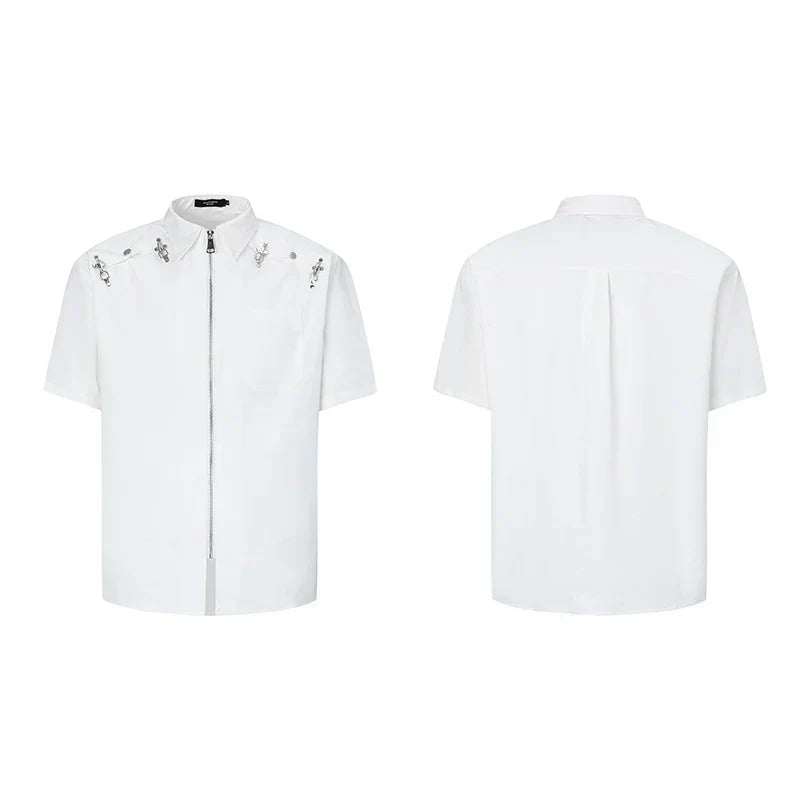 Metal Deconstruction Shoulder-Pad Zipper Short Sleeve Shirt