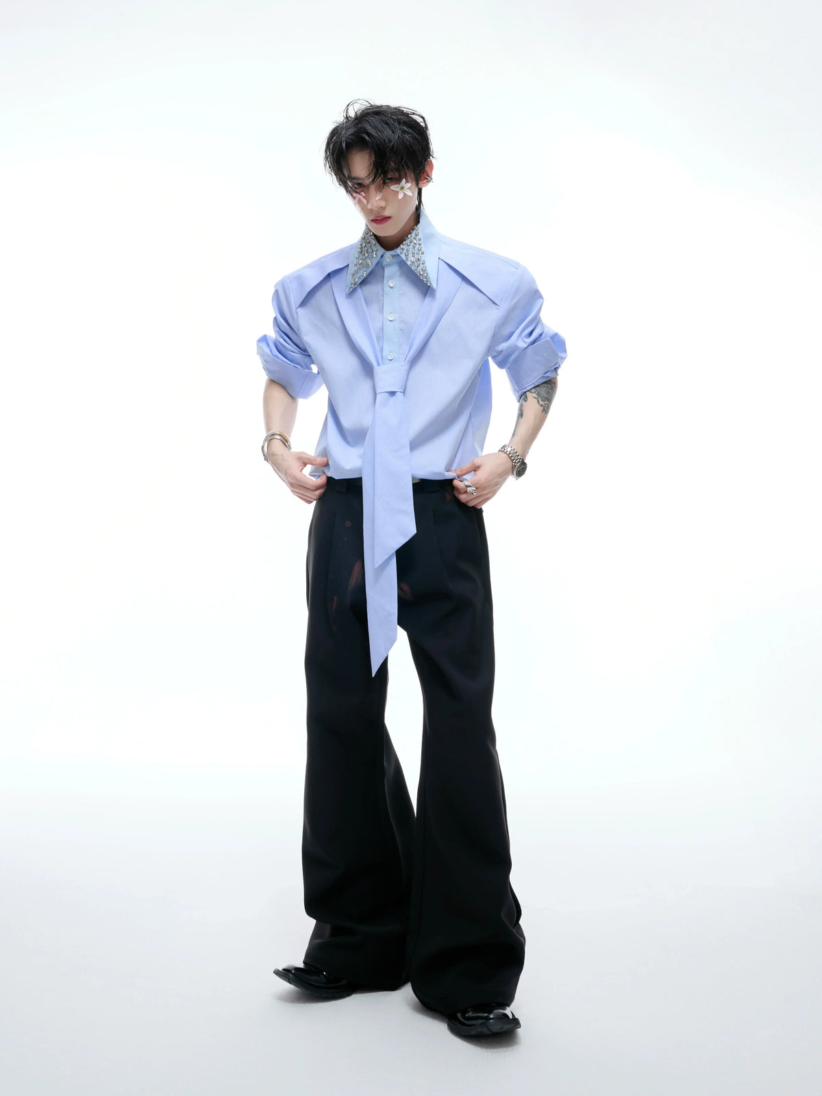 Rhinestone Neckline Ribbon Colorblock Long Sleeve Shirt