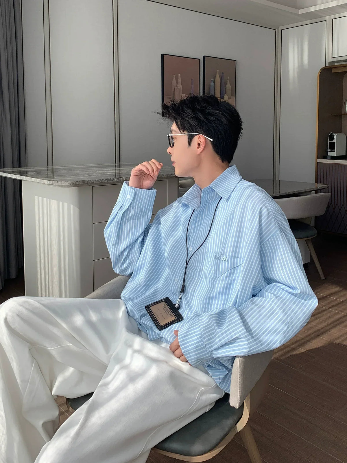 Vertical Stripe Waist-Fit Cotton Long Sleeve Shirt