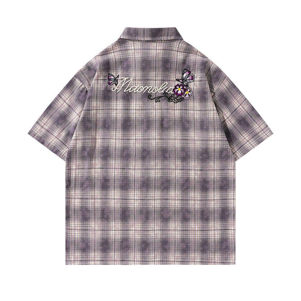 Loose Plaid Embroidered Butterfly Shirt