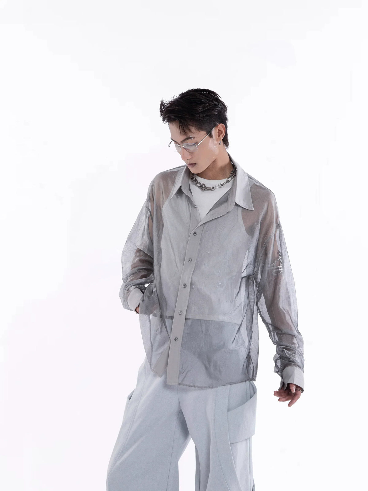 Sheer Draped Oversized Long Sleeve Shirt