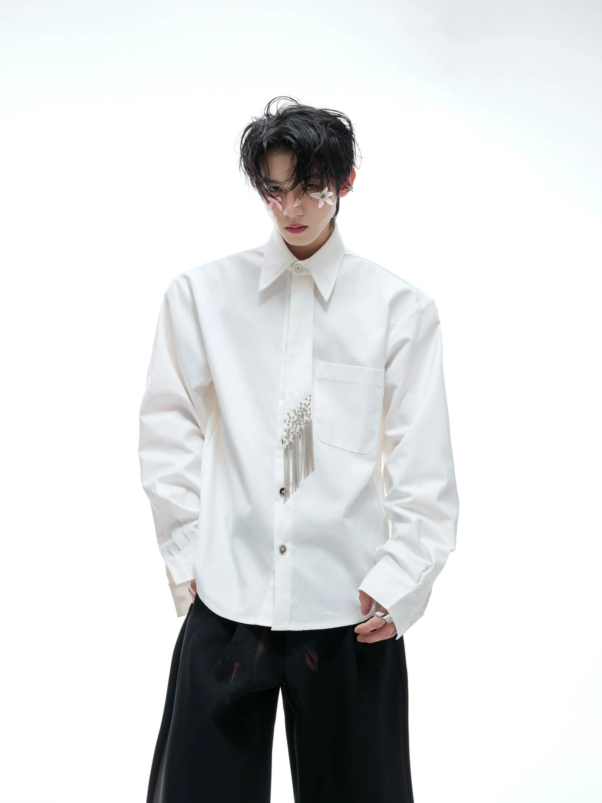 Plain Color Long Sleeve Shirt & Tie