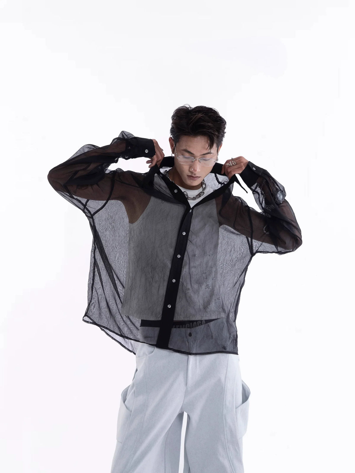 Sheer Draped Oversized Long Sleeve Shirt