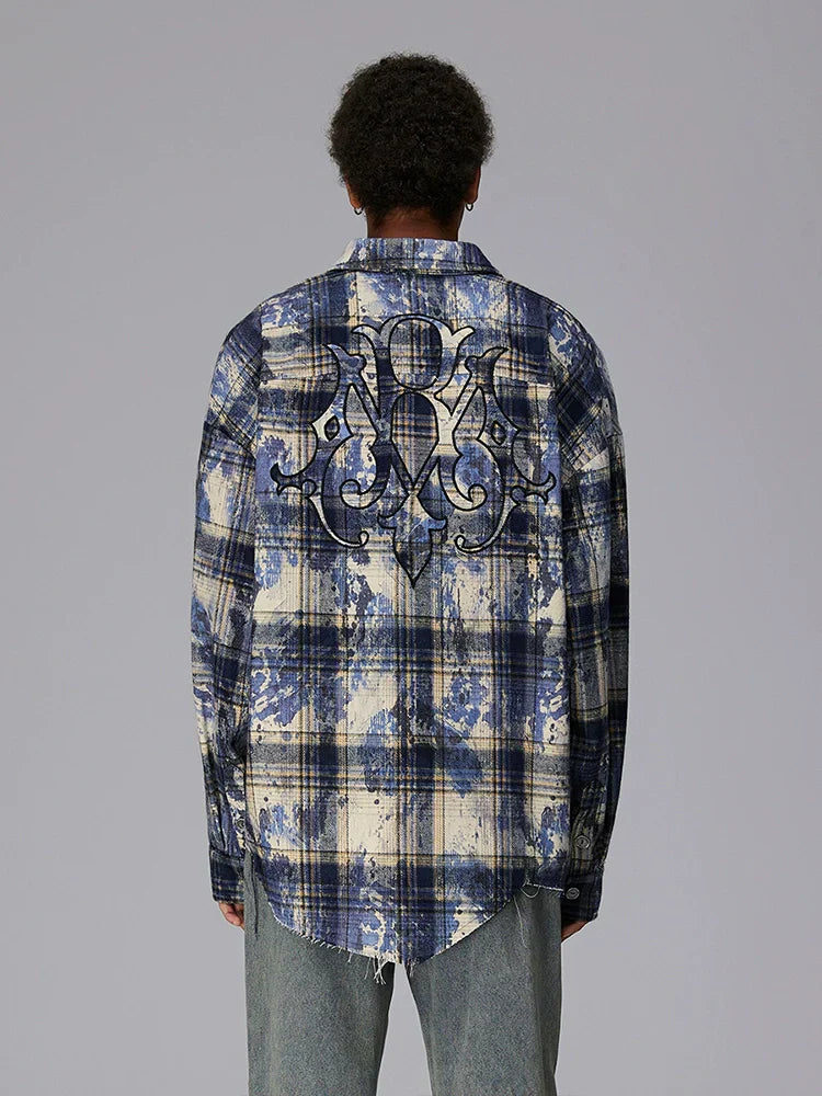 Graphic Embroidery Plaid Design Oversized Long Sleeve Shirt