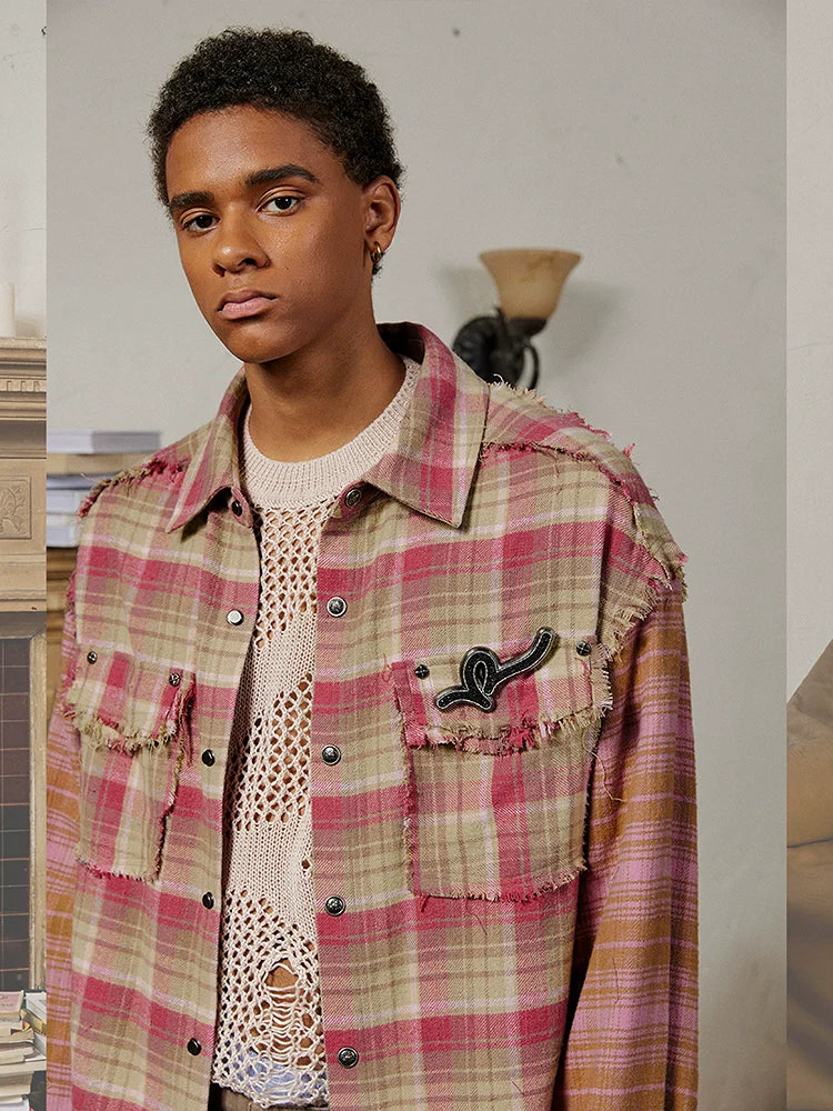 Colorblock Brushed Raw Hem Patchwork Plaid Long Sleeve Shirt