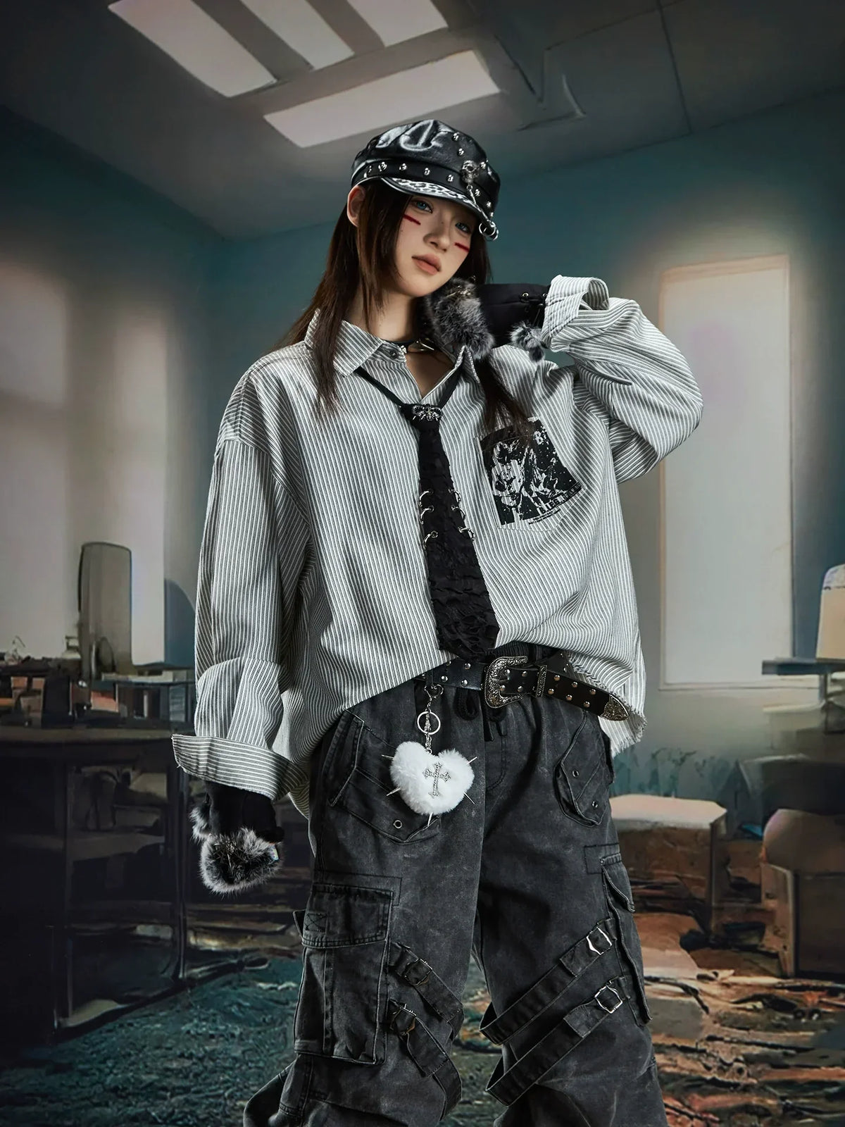 Print Stripe Damage Oversized Long Sleeve Shirt