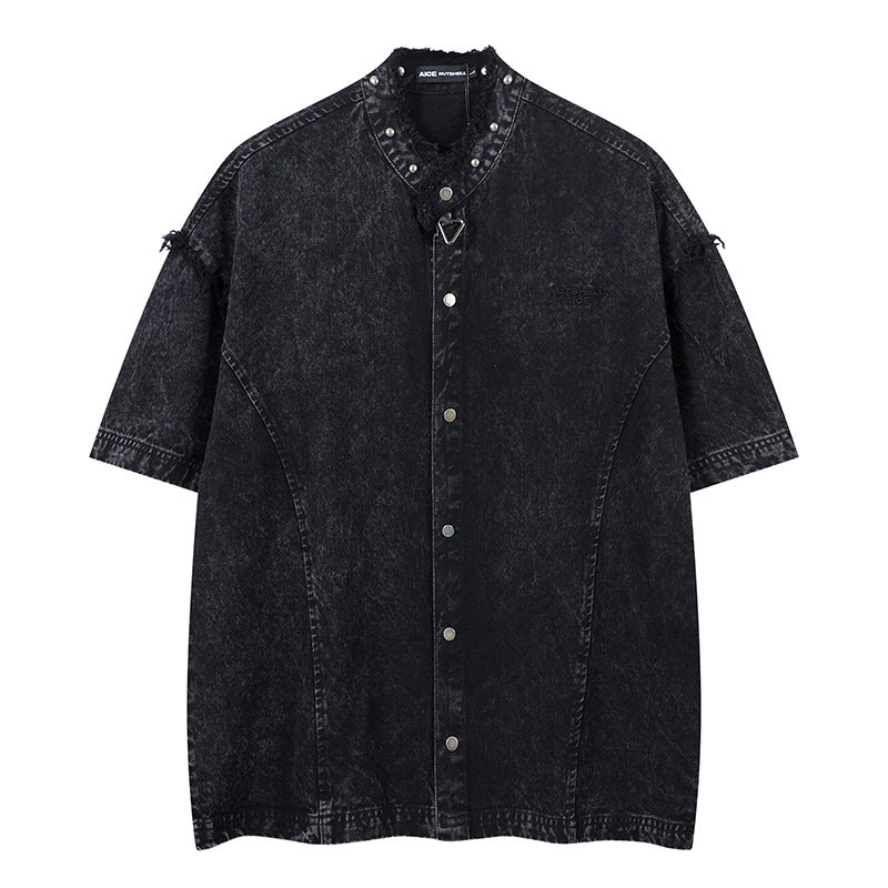 Distressed Short-Sleeved Denim Shirt