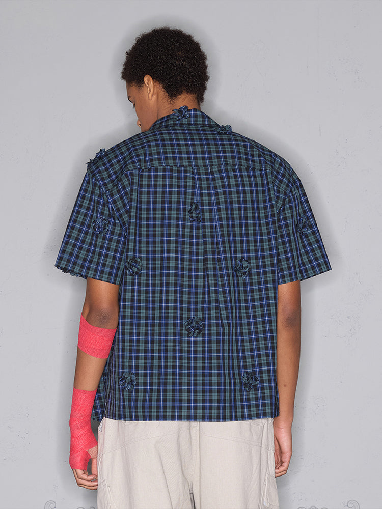 Handmade Floral Fabric Patchwork Plaid Short Sleeve Shirt