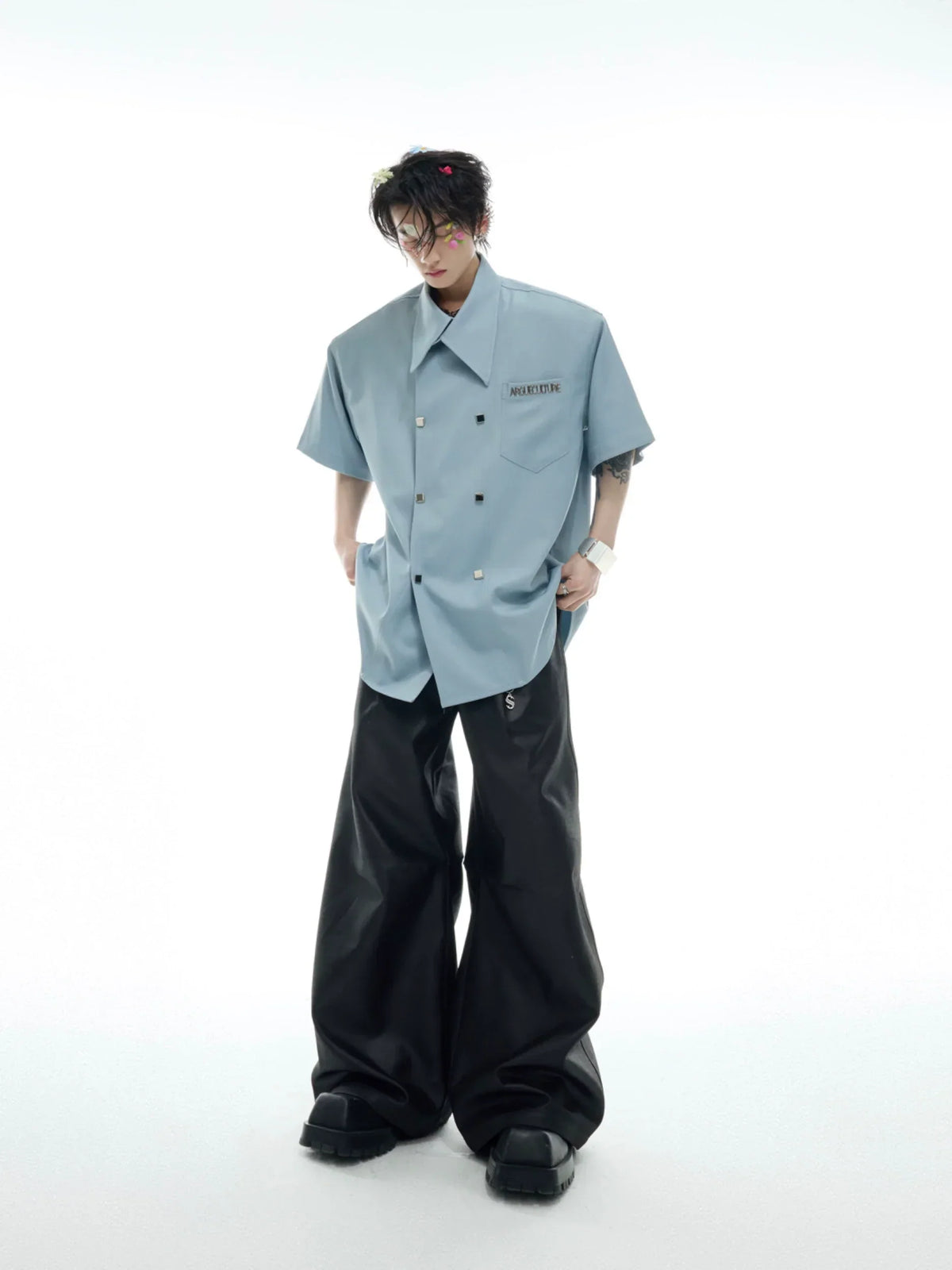 Double-Breasted Design Oversized Short Sleeve Shirt