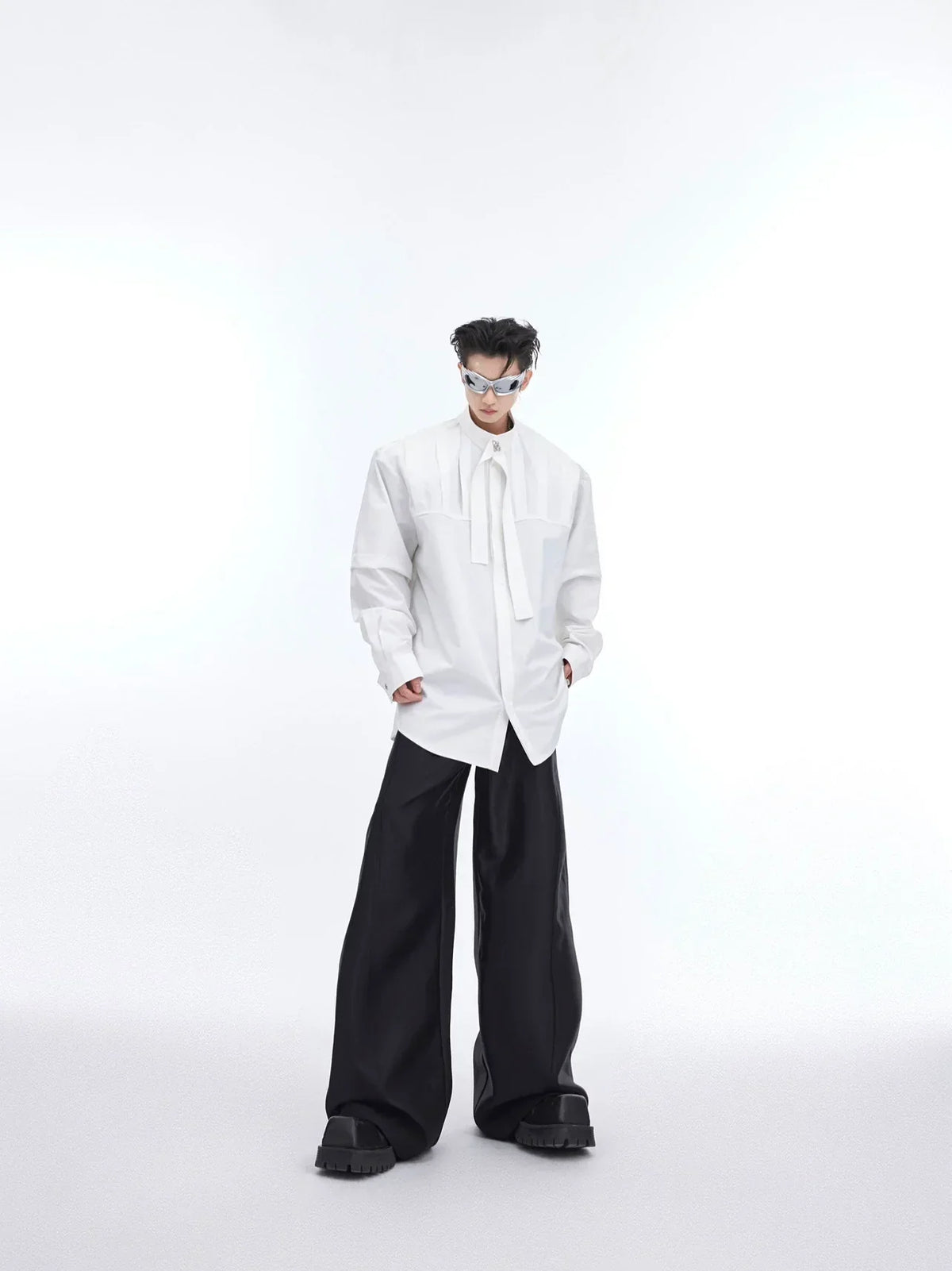 Ribbon Design Pleat Oversized Long Sleeve Shirt