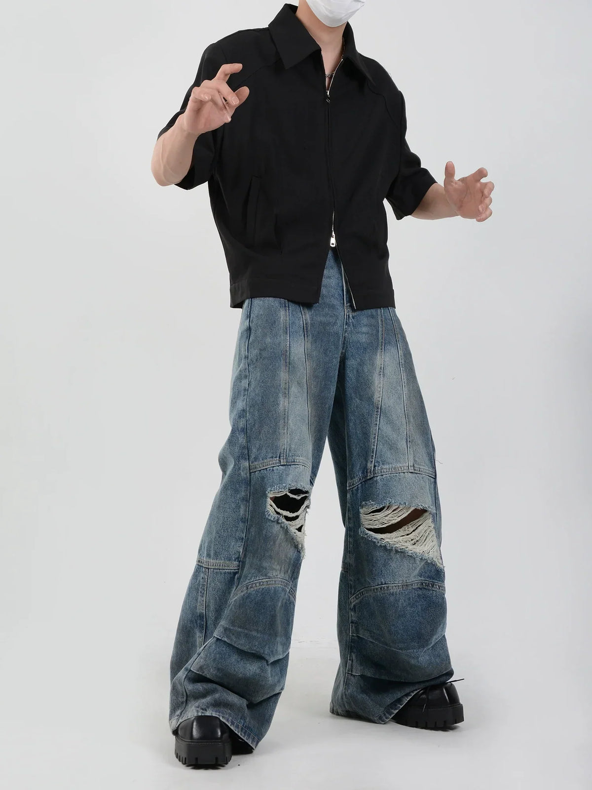 Double Zipper Shoulder Pads Short Sleeve Shirt