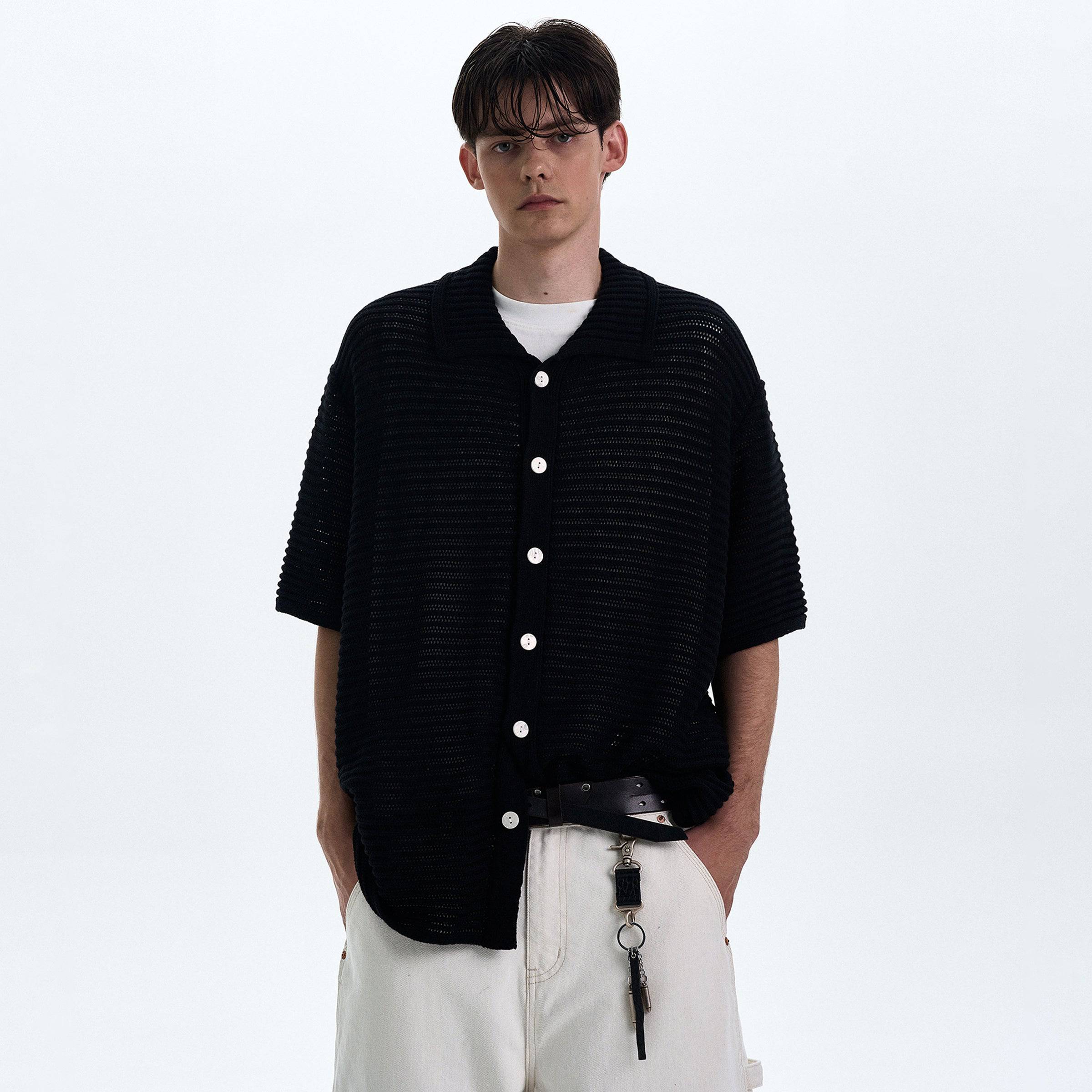 Hollow-Out Knit Short-Sleeved Shirt