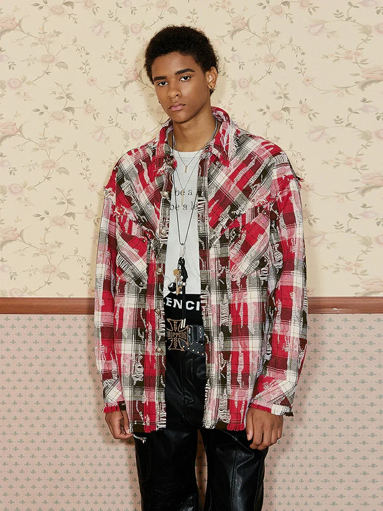 Patchwork Embroidery Plaid Oversized Long Sleeve Shirt