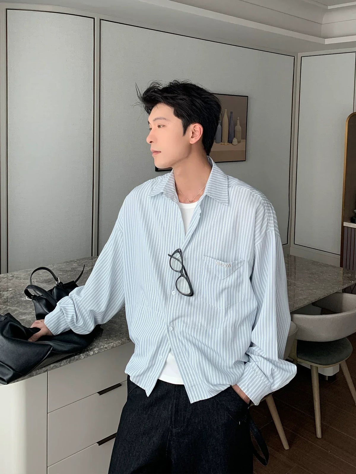 Vertical Stripe Waist-Fit Cotton Long Sleeve Shirt