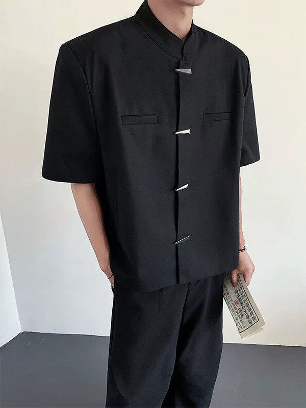 Mandarin Collar Design Short Sleeve Shirt