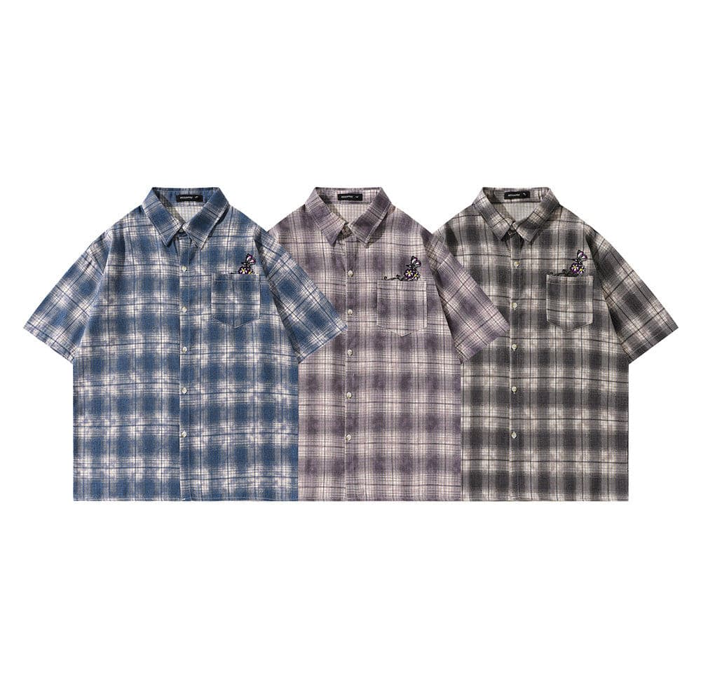 Loose Plaid Embroidered Butterfly Shirt
