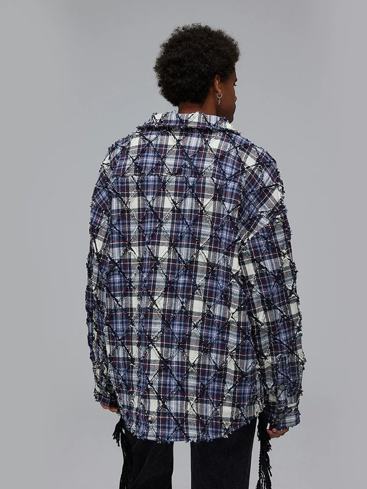 Texture Fringe Plaid Beaded Design Long Sleeve Shirt