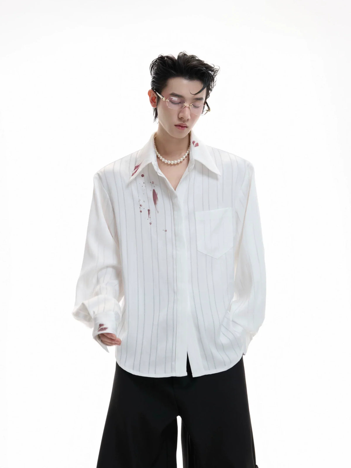 Stripe Satin Lipstick Print Long Sleeve Shirt