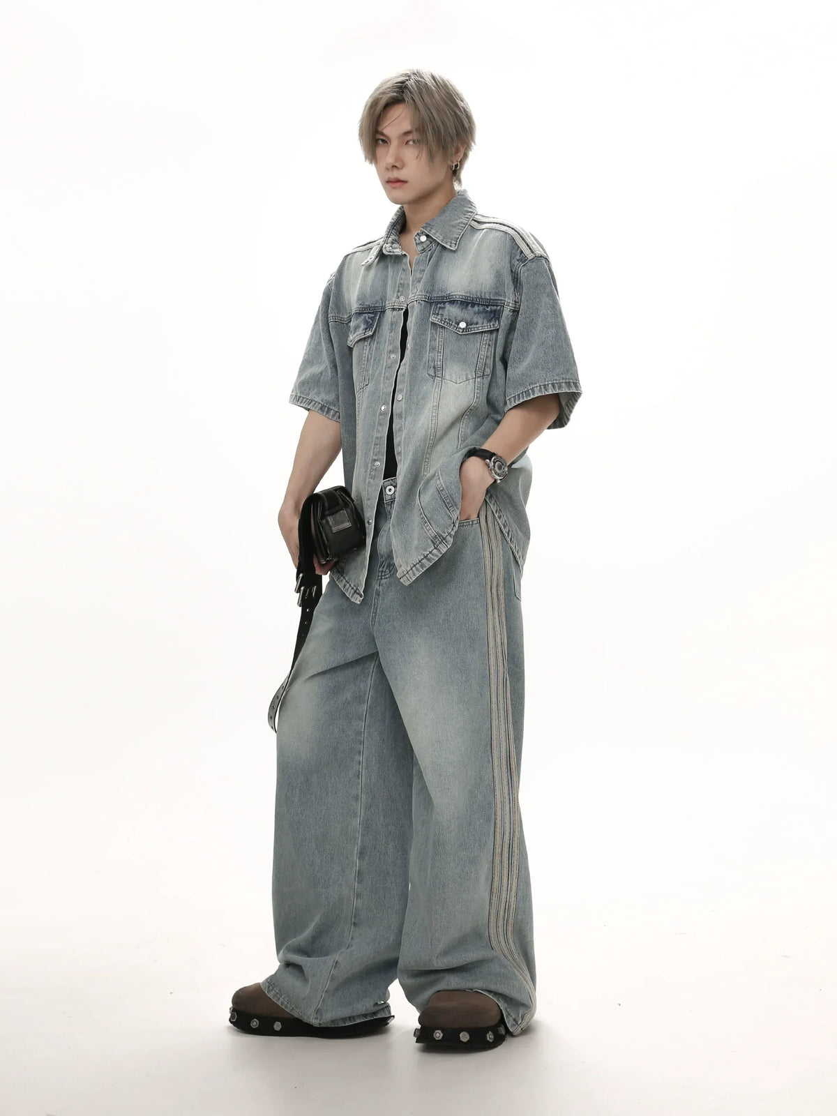 Wash Oversized Short Sleeve Denim Shirt