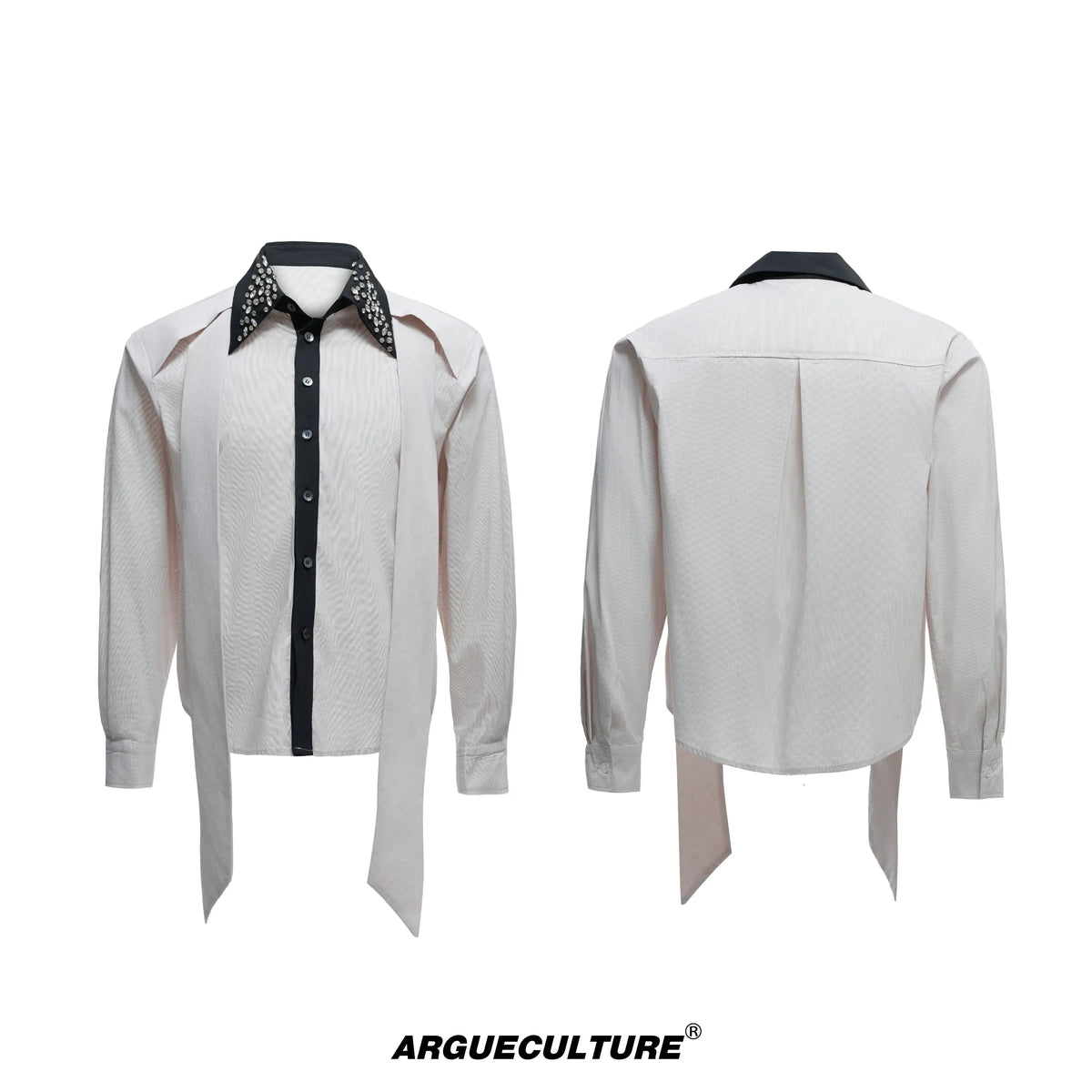 Rhinestone Neckline Ribbon Colorblock Long Sleeve Shirt