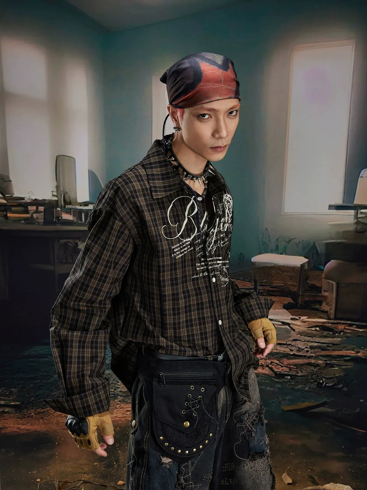 Print Oversized Plaid Long Sleeve Shirt