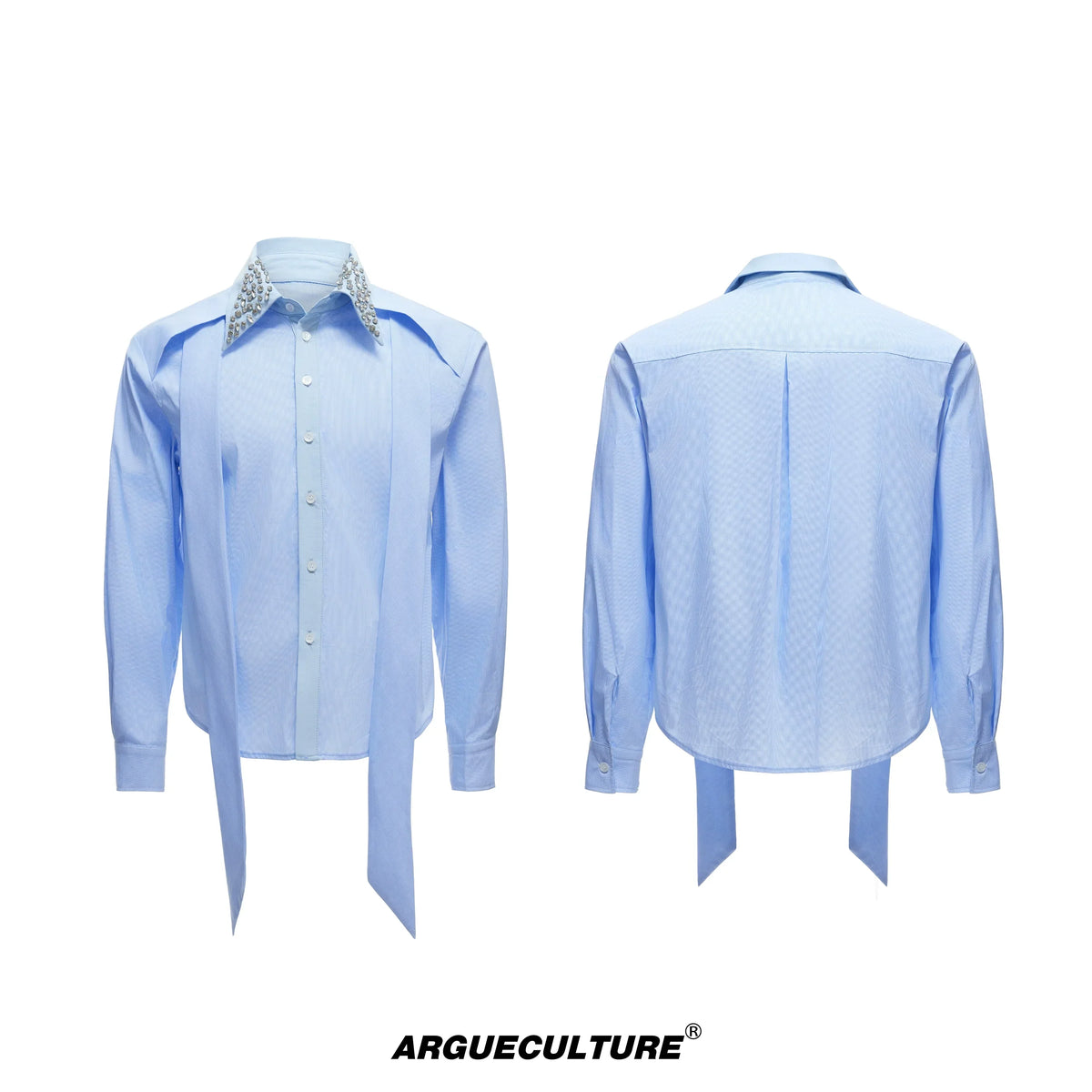 Rhinestone Neckline Ribbon Colorblock Long Sleeve Shirt