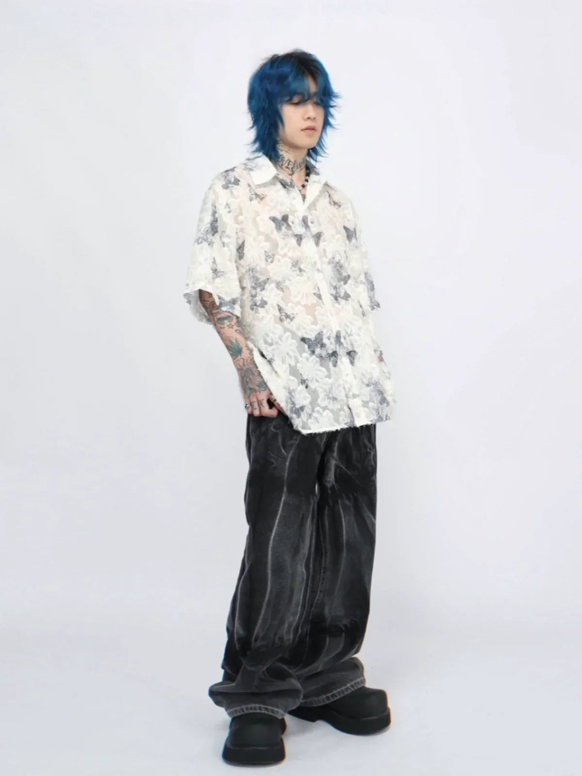 Butterfly Full Print Oversized Sheer Short Sleeve Shirt