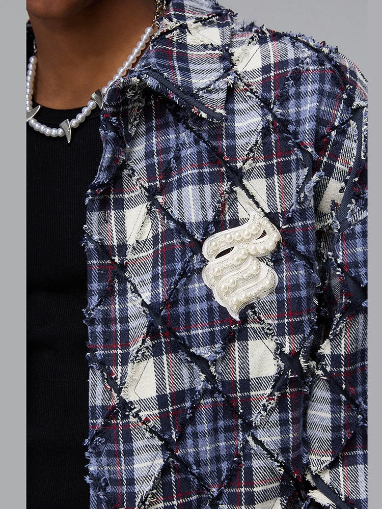 Texture Fringe Plaid Beaded Design Long Sleeve Shirt