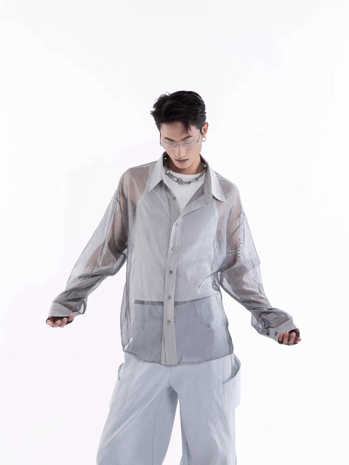 Sheer Draped Oversized Long Sleeve Shirt