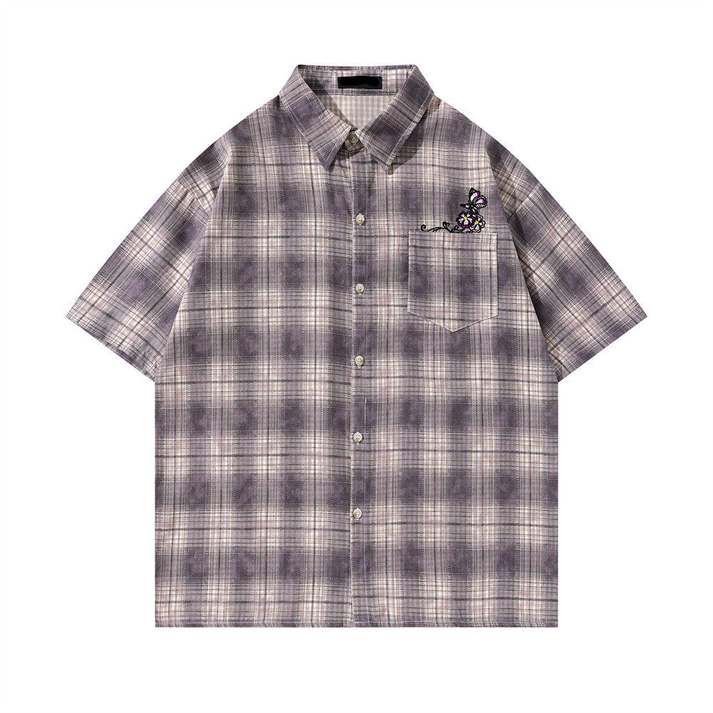Loose Plaid Embroidered Butterfly Shirt