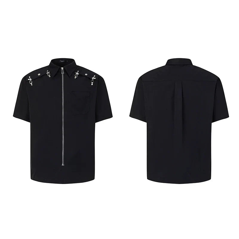 Metal Deconstruction Shoulder-Pad Zipper Short Sleeve Shirt
