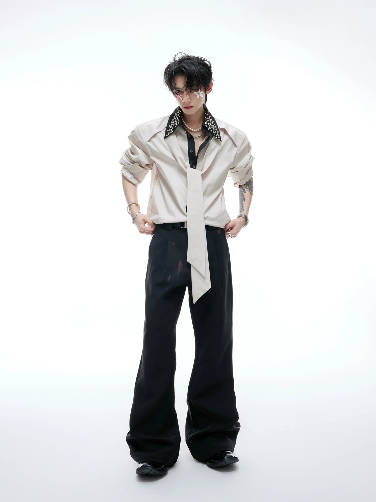 Rhinestone Neckline Ribbon Colorblock Long Sleeve Shirt