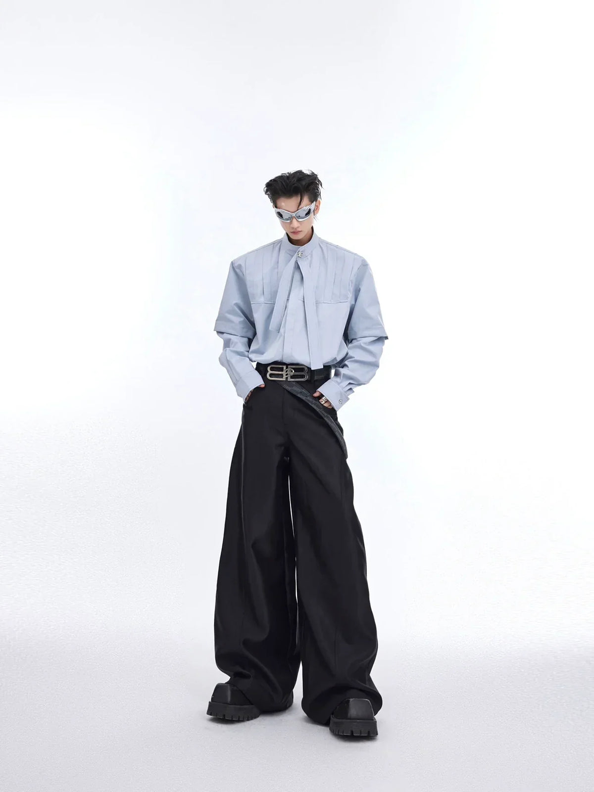 Ribbon Design Pleat Oversized Long Sleeve Shirt