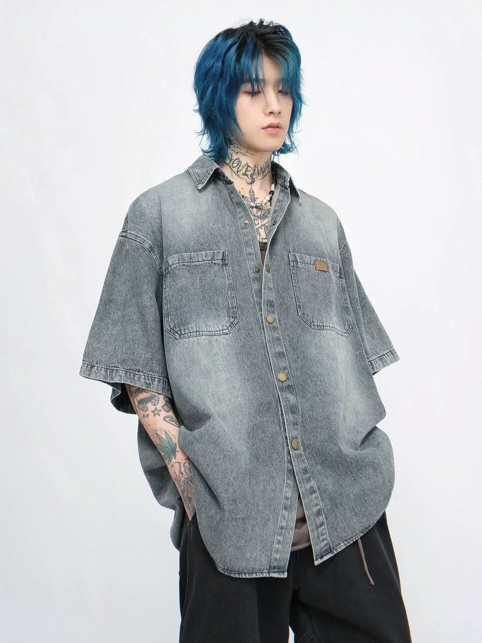 Washed Oversized Denim Short Sleeve Shirt