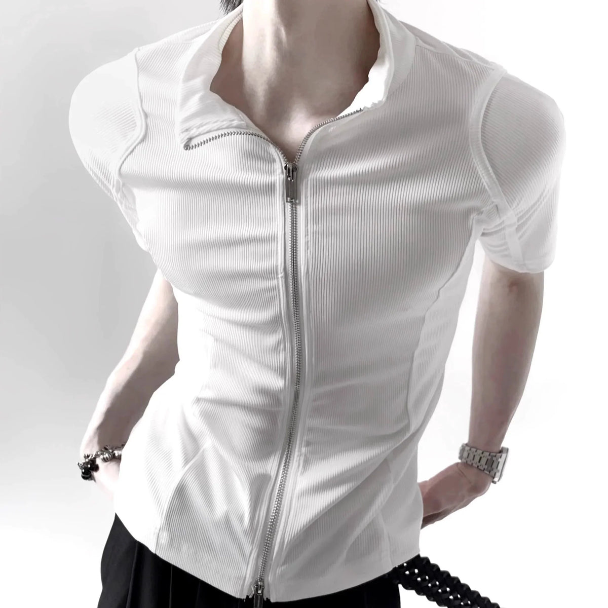 Plain Zip-Up Short Sleeve Shirt