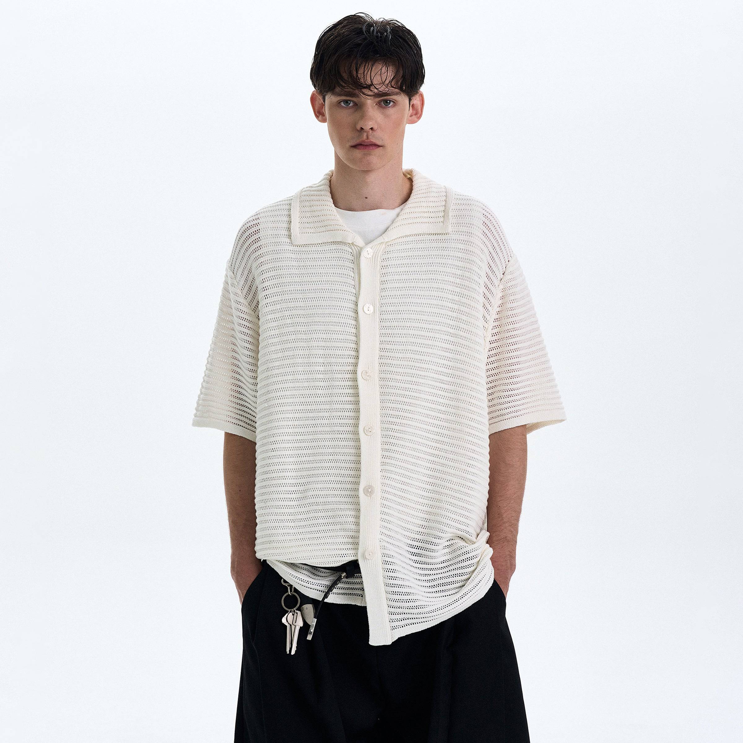 Hollow-Out Knit Short-Sleeved Shirt