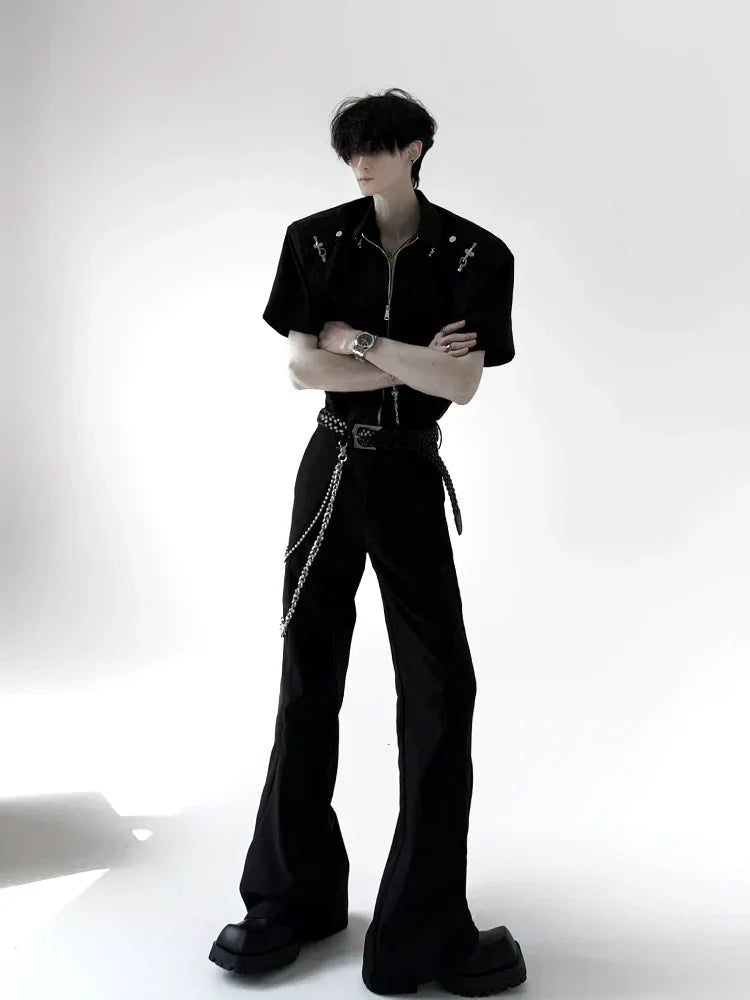 Metal Deconstruction Shoulder-Pad Zipper Short Sleeve Shirt
