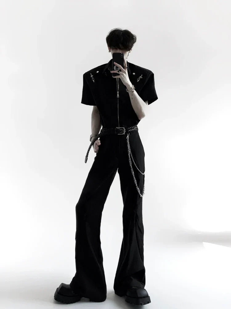 Metal Deconstruction Shoulder-Pad Zipper Short Sleeve Shirt