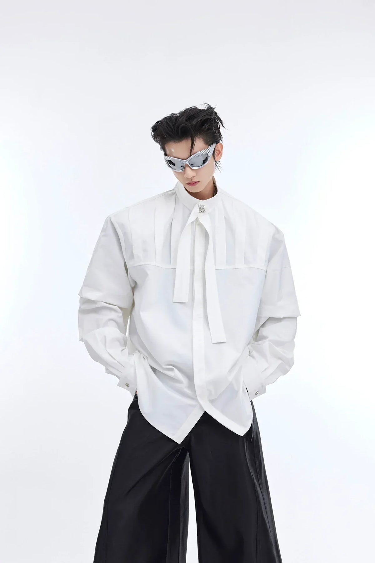 Ribbon Design Pleat Oversized Long Sleeve Shirt