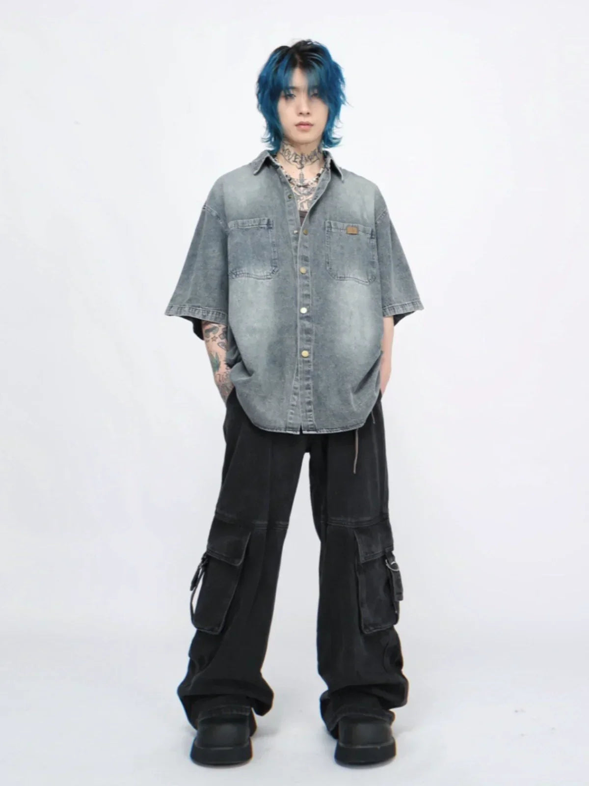 Washed Oversized Denim Short Sleeve Shirt