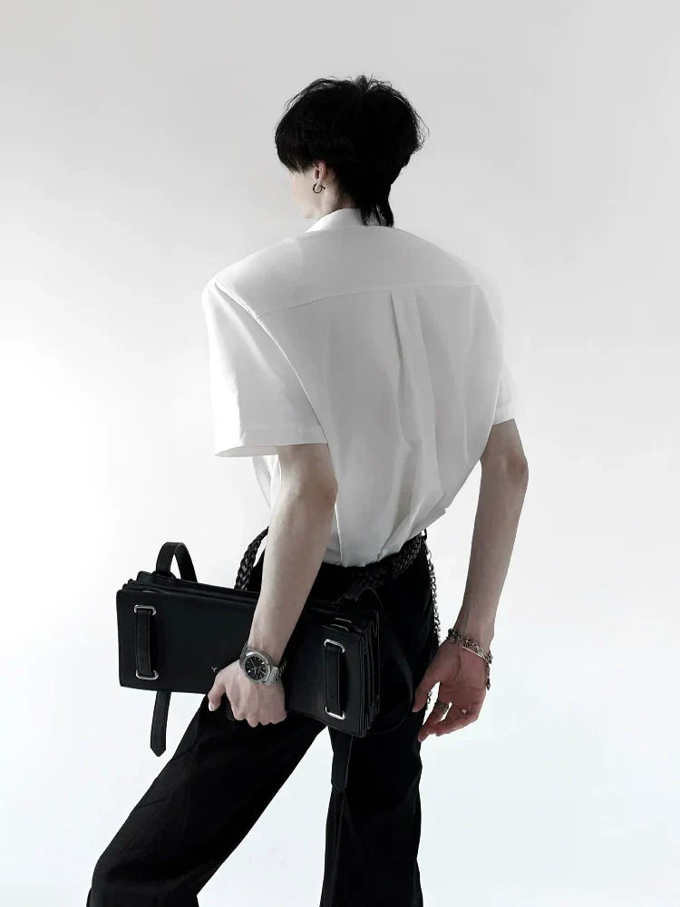 Metal Deconstruction Shoulder-Pad Zipper Short Sleeve Shirt