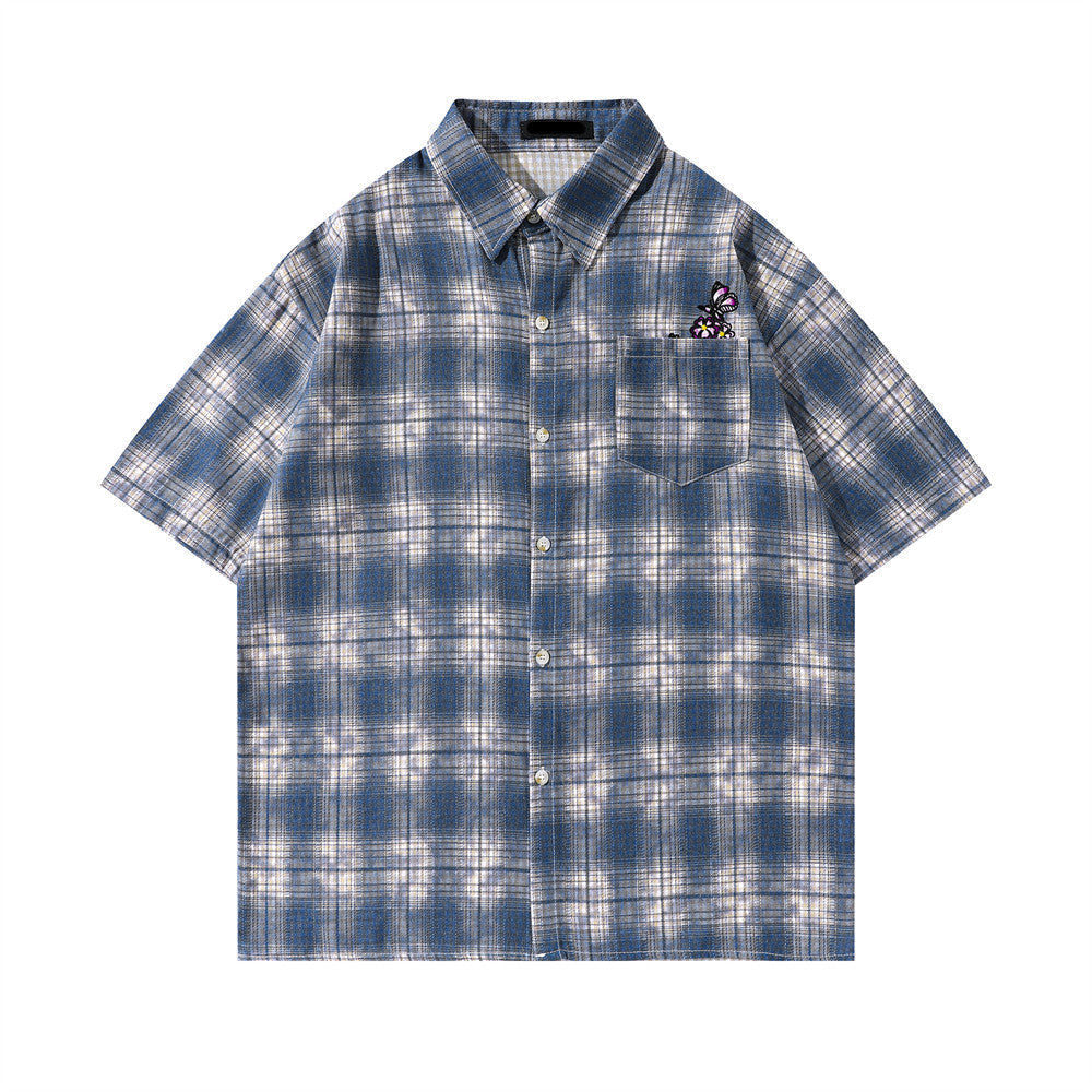 Loose Plaid Embroidered Butterfly Shirt