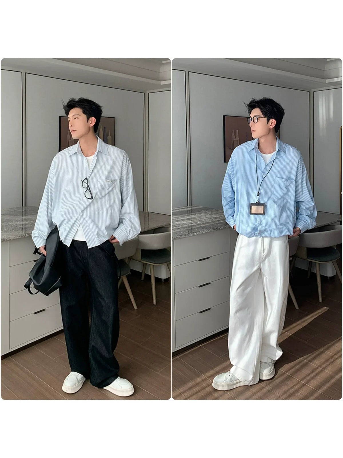 Vertical Stripe Waist-Fit Cotton Long Sleeve Shirt
