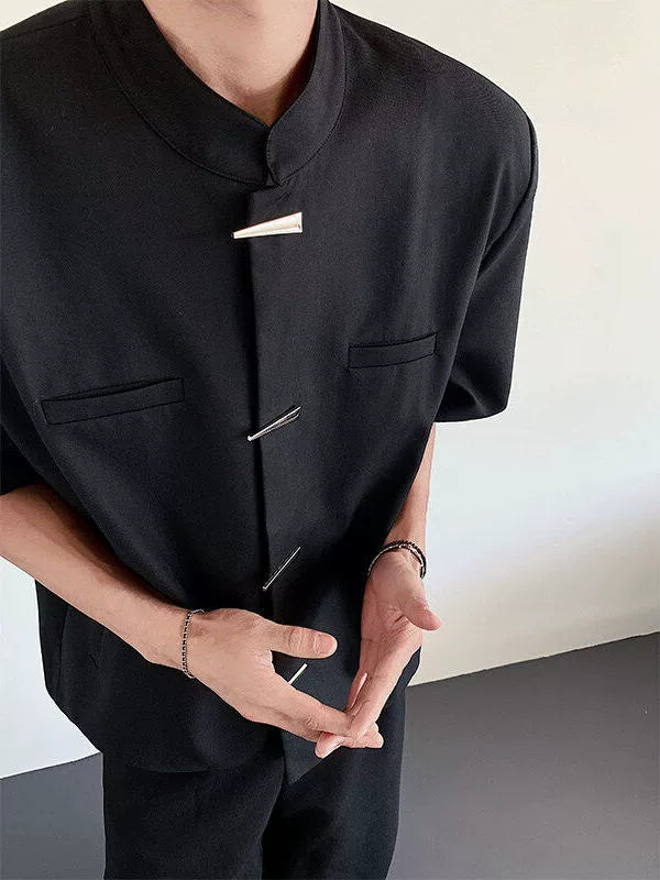 Mandarin Collar Design Short Sleeve Shirt