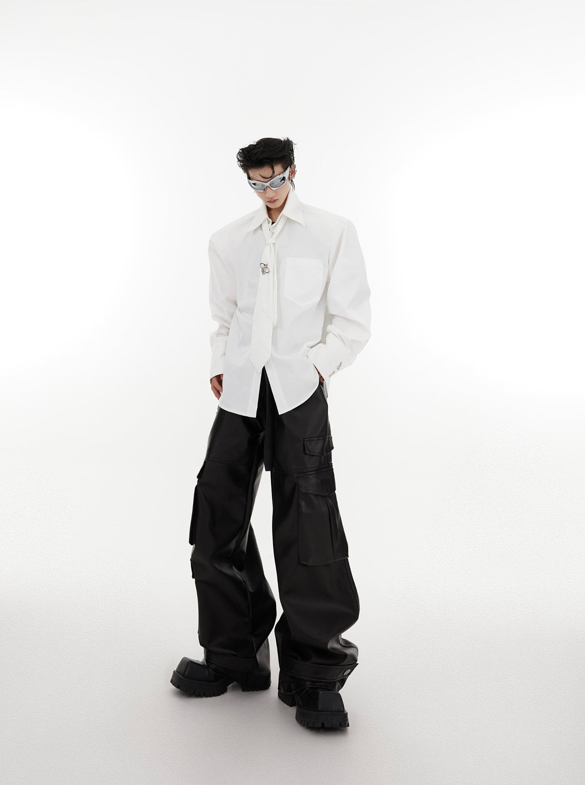 Oversized Shoulder-Pad Metal Botton Shirt with Necktie