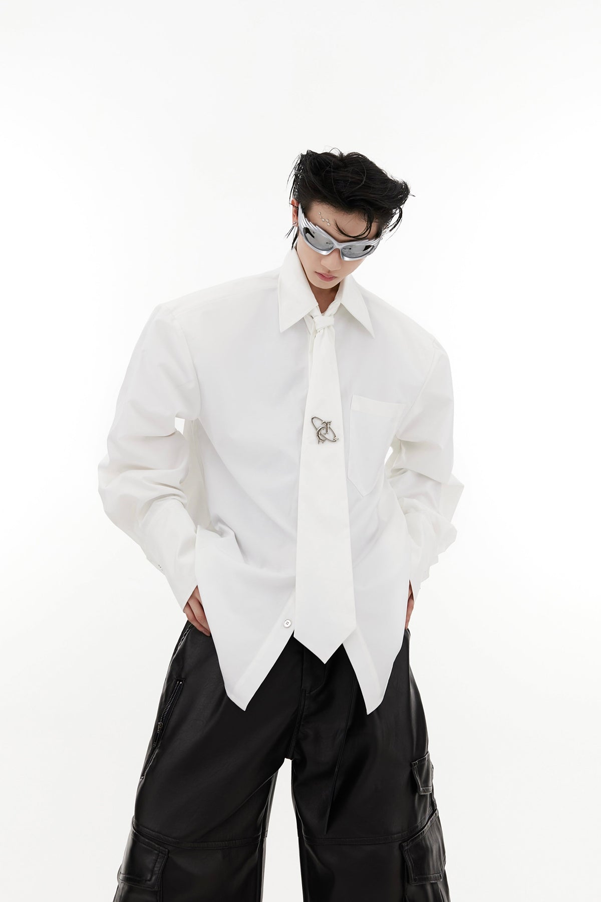 Oversized Shoulder-Pad Metal Botton Shirt with Necktie
