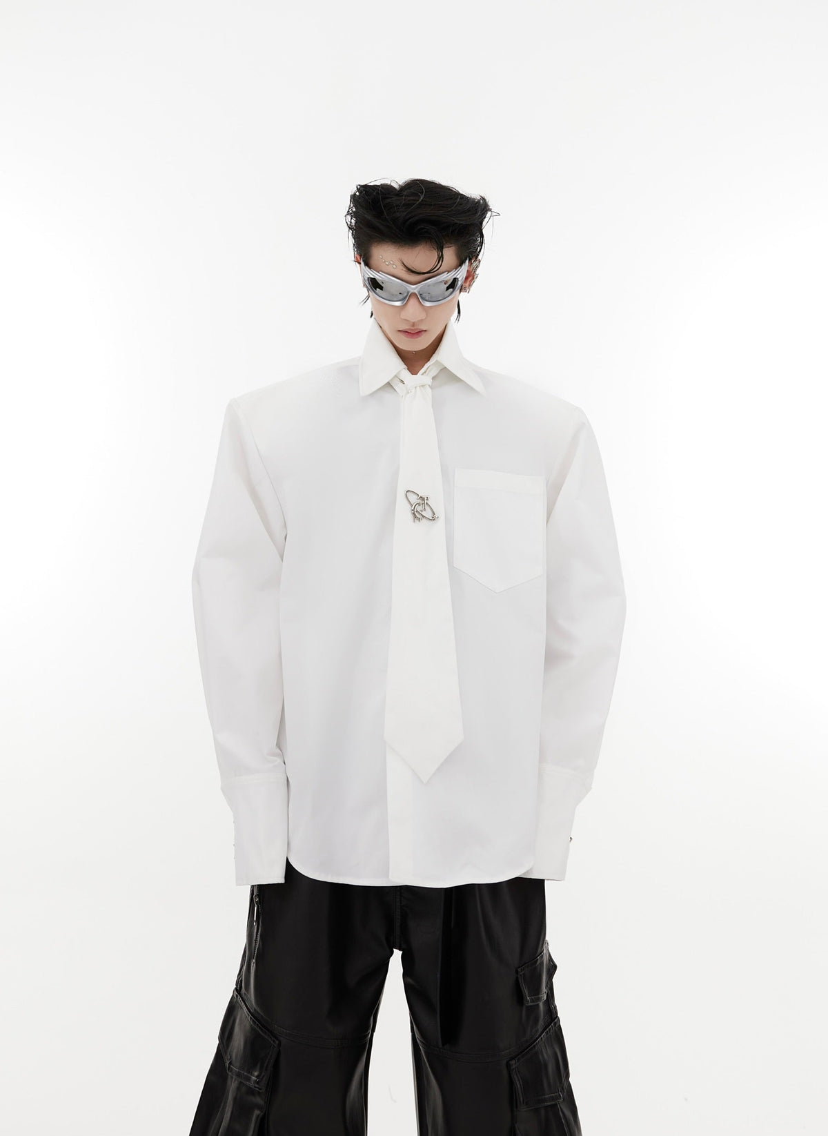 Oversized Shoulder-Pad Metal Botton Shirt with Necktie