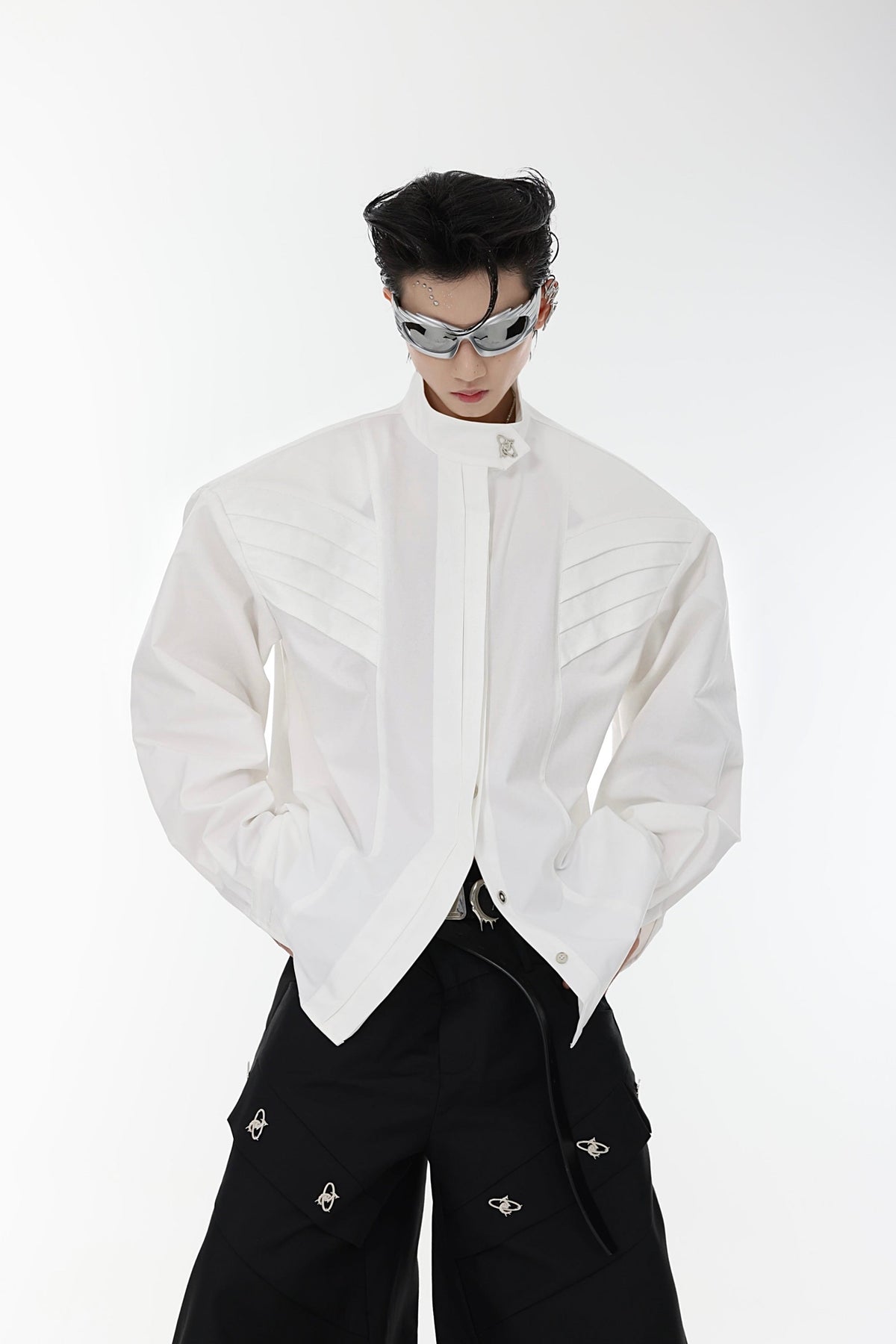 Oversized Stand-Collar Shoulder-Pad Shirt