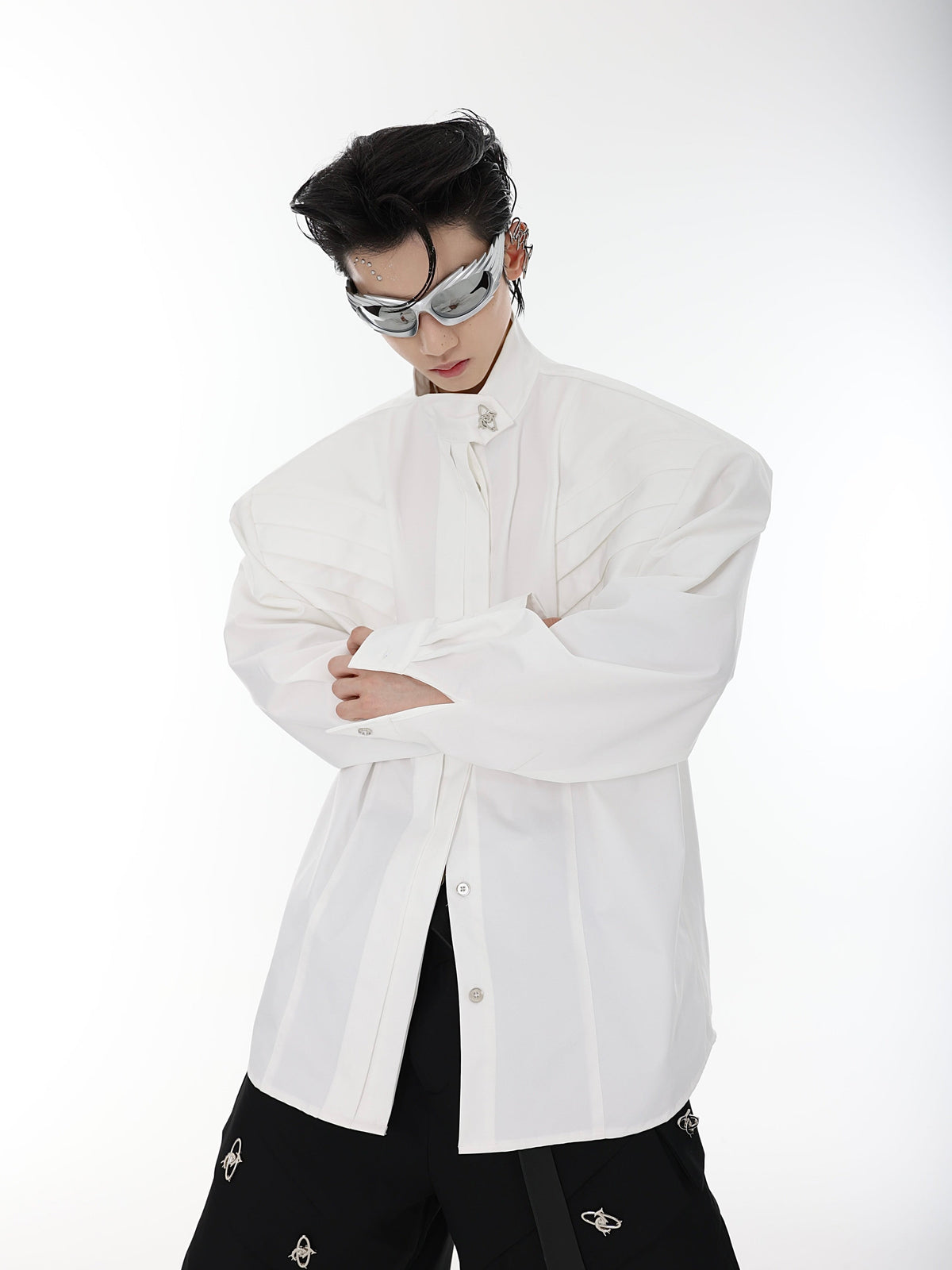 Oversized Stand-Collar Shoulder-Pad Shirt