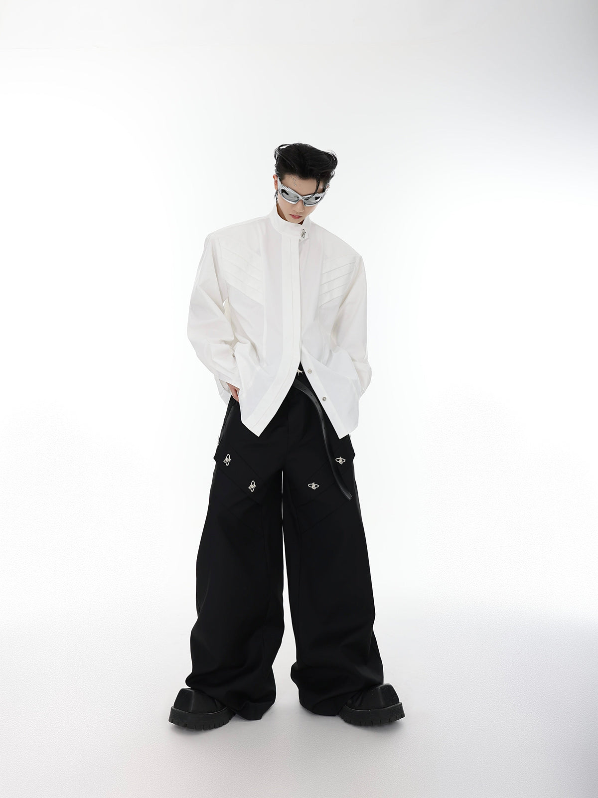 Oversized Stand-Collar Shoulder-Pad Shirt